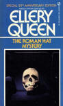The Roman Hat Mystery - kaft Signet. In 1979, bracht Signet deze Special 50th Anniversary Edition uit. Signet 451-E8470 is de derde druk van hun 1967 paperback. To the confusion of booksellers and collectors everywhere, they failed to update the third printing date on the copyright page.  Dit keer met het, in 1979, verward klinkende “1929, 50th Anniversary Edition, 1967”