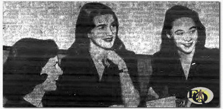 The misses Barbara Terrell (left), Cynthia McAdoo and Joan La Roche at a Coffee Hour meeting at Schrafft's 625 Madison avenue, for a discussion of plans for a benefit to be held on April 6, 1942 to raise funds for a bomb shelter for blind children. ("Devote efforts to Wartime tasks" in "The New York Sun", Mar 7. 1942)