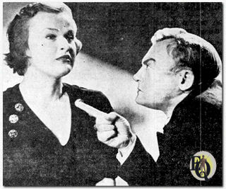 Curtis Cooksey as the prosecuting attorney Flint bullies and badgers Kaye Brinker, the accused murderess. (Nixon Theatre, Nov 19. 1936, Pittsburgh)