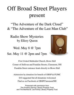 "...De rolverdeling, geregisseerd door Sharon Wood, bestaat uit Brian Bevacqua,Mary Carter, Mike Grace,Kara Lee, Meredith Lewko, Scott Magnuson, Stan Marro, Eric Peirce, Julie Richardson, Arthur Vidro en Dori Yacono. Vertoningen op woensdag 8 en zaterdag 11 mei in de the First United Methodist Church, Sullivan Street, Claremont, New Hampshire.. "&nbsp;