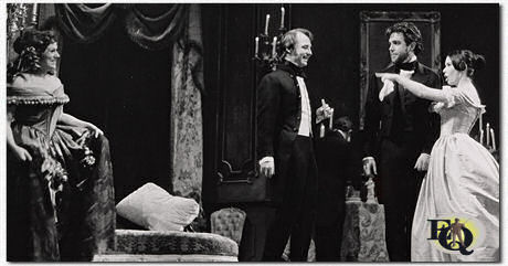 Jan Miner, John Hillerman, John Stride en Susan Strasberg in de toneelproductie "Lady of the Camellias" (Winter Garden Theatre, 20 - 30 maa 1963).