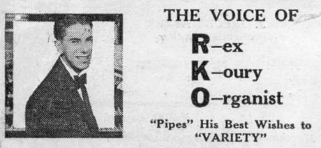 Rex tekende een vierjarig contract met RKO Radio en werd aangekondigd als: “The World’s Youngest Organist – The Voice of RKO: R–Rex K–Koury O–Organist.”