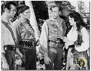 "Yankee Buccaneer" (1952) met (van L naar R) David Janssen, George Mathews, Scott Brady en Suzan Ball.