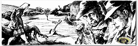 "Kijk, meneer, of iemand heeft dat spul honderd jaar geleden opgegraven of het hele verhaal is een grote leugen." Illustratie voor "The Sunday Herald", 18 juni. 1950