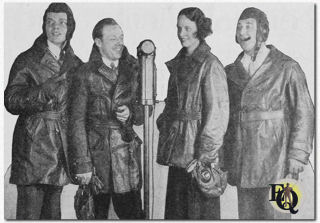 It is a new, highly amusing "Henry and George" half-hour that CBS is presenting each Tuesday evening these spring weeks. A new writer, and a reorganized cast. (L to R) Henry is now played by John Brewster; Pete is real life is none other than Billy Scholtz; Flo is portrayed by Georgia Backus; and George by Teddy Bergman. (April 1931)