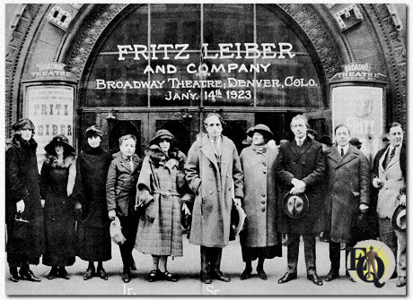 Fritz Leiber Jr. played for two seasons in his father's company: once in 1923 (just after graduating from high school) and again in 1934 (two years out of college). In the 1976 Journal of the H.P. Lovecraft Society No.1, Fritz describes this photo, which originally included 24 people standing in a semicircle in front of the theater. From left to right, the identified individuals are: three unknown female actors, Fritz Strauss Jr., Virginia Bronson (his mother), Fritz Strauss Sr. (his father), an unknown actress, John Burke (holding his hat), Joe Singer (with an intense gaze), and Louis Lean Hall (holding a pipe). Possibly outside the cropped photo, down the row, were his Chicago aunt Marie and, in the other direction, George Ford, the company director. At one end are the three stagehands who traveled with the company: the property man, the electrician, and the carpenter. The rest were actors, including the balding Alexander Andre.