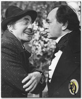 David Wayne (L) and Edward G. Robinson (R) in a scene for "The Devil and Daniel Webster," Stephen Vincent Benet's classic which was presented on NBC-TV Sunday, February 14. Wayne plays the part of the cheerful Devil. Robinson is Webster, who helps a farmer friend after he sells his soul to the Devil. This was one of Robinson's rare television appearances.
