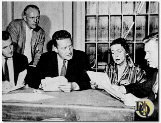 Peter Iving puts a stellar cast through the paces of "True Detective Mysteries"  (1957): Left to right - announcer Dan McCullough, top radio cop Bill Zuckert (standing), T.D.M. narrator Robert Haag, actress Ethel Everett, actor William Redfield.